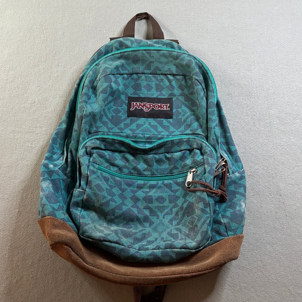 VTG 90S JanSport Backpack Geometric Aztec Teal Brown Suede Bottom School Bag